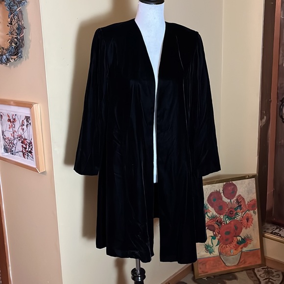 Vintage 80s ANN TAYLOR sz Small Velvet Topper Coat Black USA Made MidThigh Lined - Picture 1 of 13